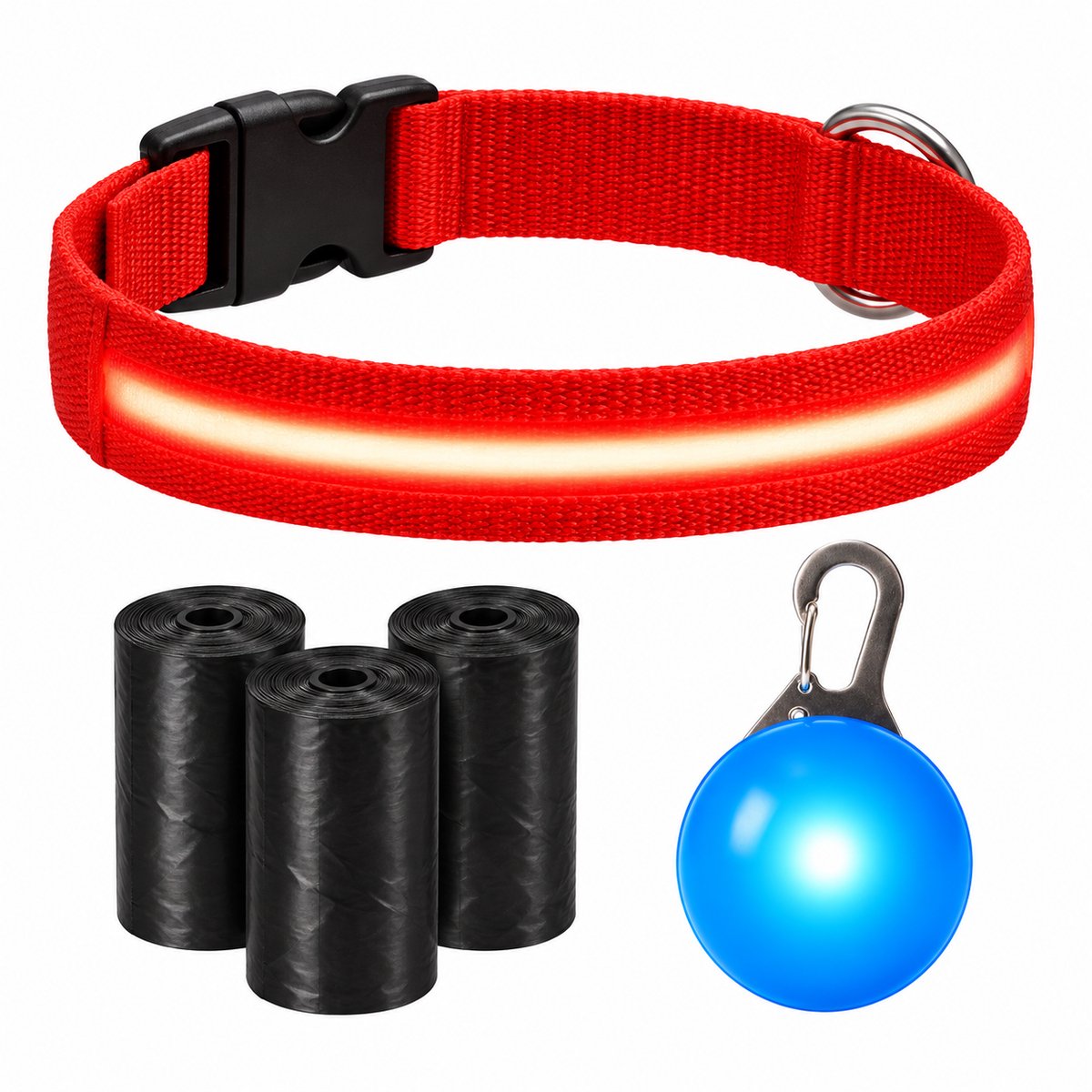 Professor Q LED Halsband Hond - Rood L (41–52 cm) - Blauw LED Lampje + 45 Poepzakjes - Nylon USB Oplaadbaar