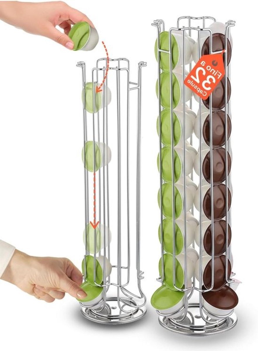 Capsulehouder - Koffie Toren - Koffiehoek Organiseren - 360 Graden Draaibaar - 32 Capsules - Grijs