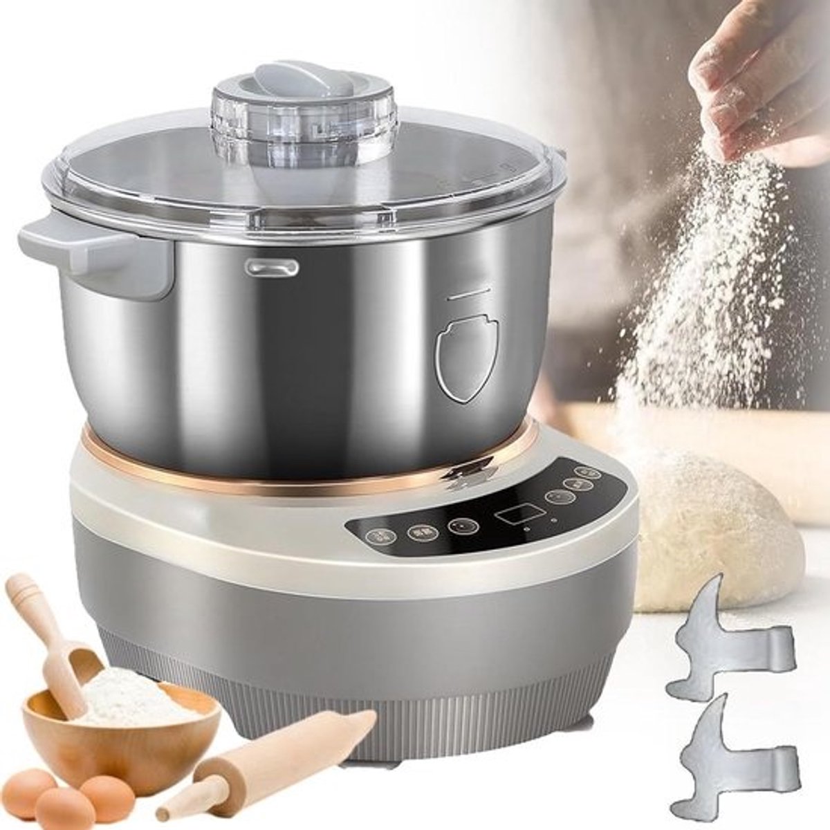 Elektrische Deegmixer - Keukenmachine - Bakken Thuis - Constante Temperatuur Fermentatie - 5 Liter Kom - Zilver