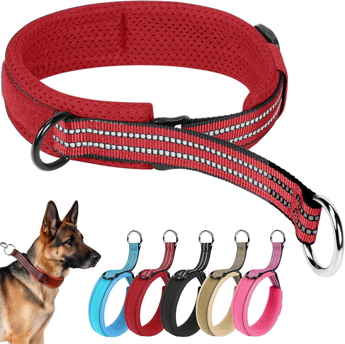 Halsband voor honden, schuifhalsband voor honden, halsband van nylon, reflecterend, verstelbaar, anti-trek, voor middelgrote honden en lange training (rood, M)