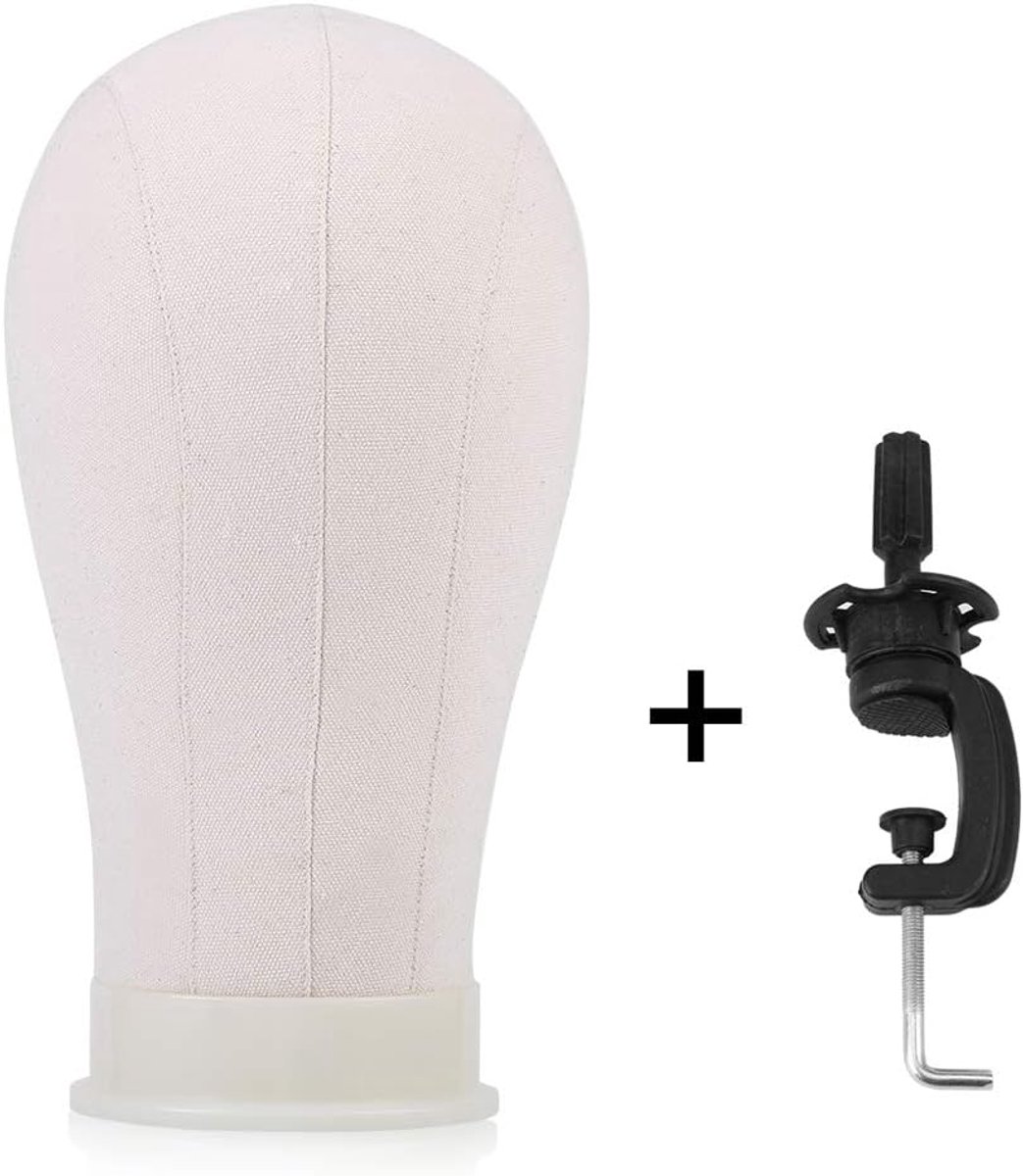 Hoofd met Tafelklem, Canvas Display voor Pruiken, Trainingshoofd, 32cm