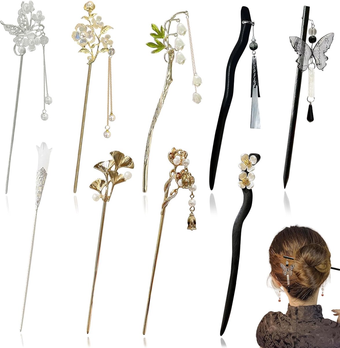 Haarstok, 9 Stuks Chinese Haarspeld met Kwastjes, Elegante Vlinder Bloem Haarstokjes Haarsticks Haarstokjes voor Vrouwen