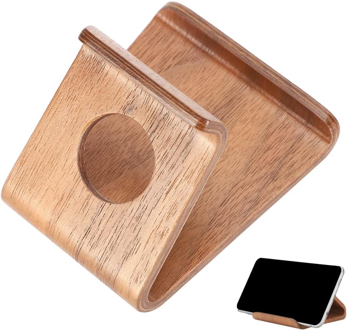 telefoonhouder, universele houten smartphone- en tablethouder, bamboe houten desktop tablethouder, voor thuiskantoor, online klasse opladen(Walnut)