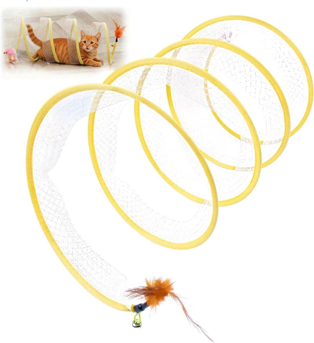 Kattentunnel, interactieve opvouwbare kattentunnel, speeltunnel kat voor katten, puppy's, konijnen, dubbelzijdig hangende veermuis, speelgoed, gemakkelijk te dragen, 25 x 70 cm, geel