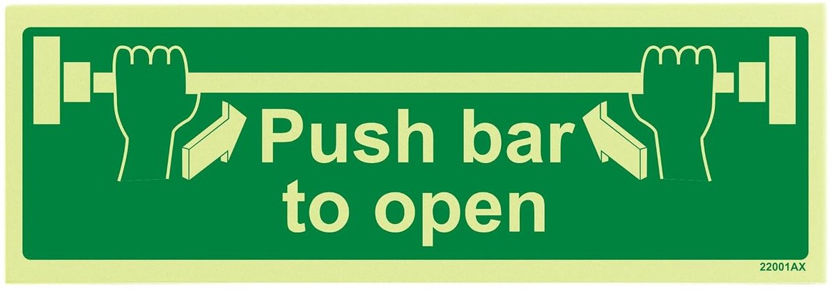 Glow In The Dark Push Bar To Open Deur Sign - 300mm x 100mm - Rigid Plastic
