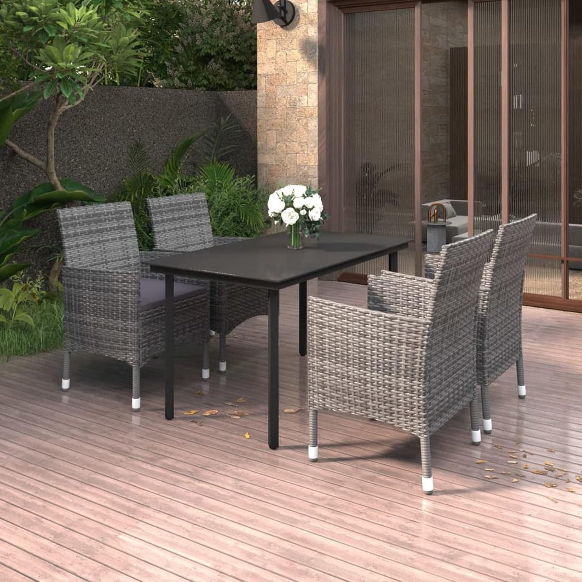 Tafel en stoelen, 5 stuks, voor de tuin, voor buiten, van polyrotan, grijs en glas, tuinmeubelset van rotan, tafel en 4 tuinstoelen, set tafel en eetkamerstoelen