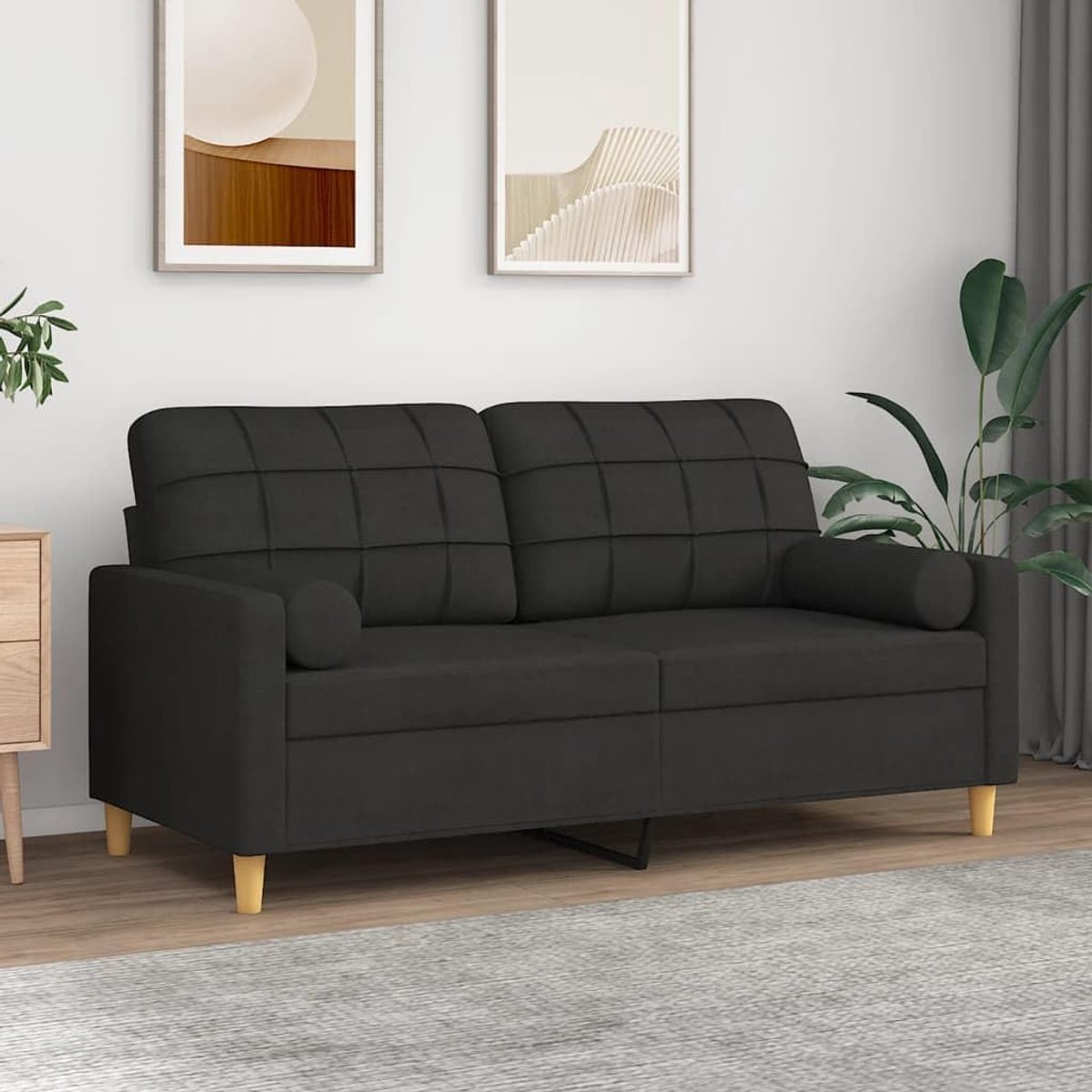 Sofa voor woonkamer, 2-zits, vierkant design, stof, zwart, met 2 kussens, 158 x 77 x 80 cm, moderne stoffen bank, 2-zitsbank van stof