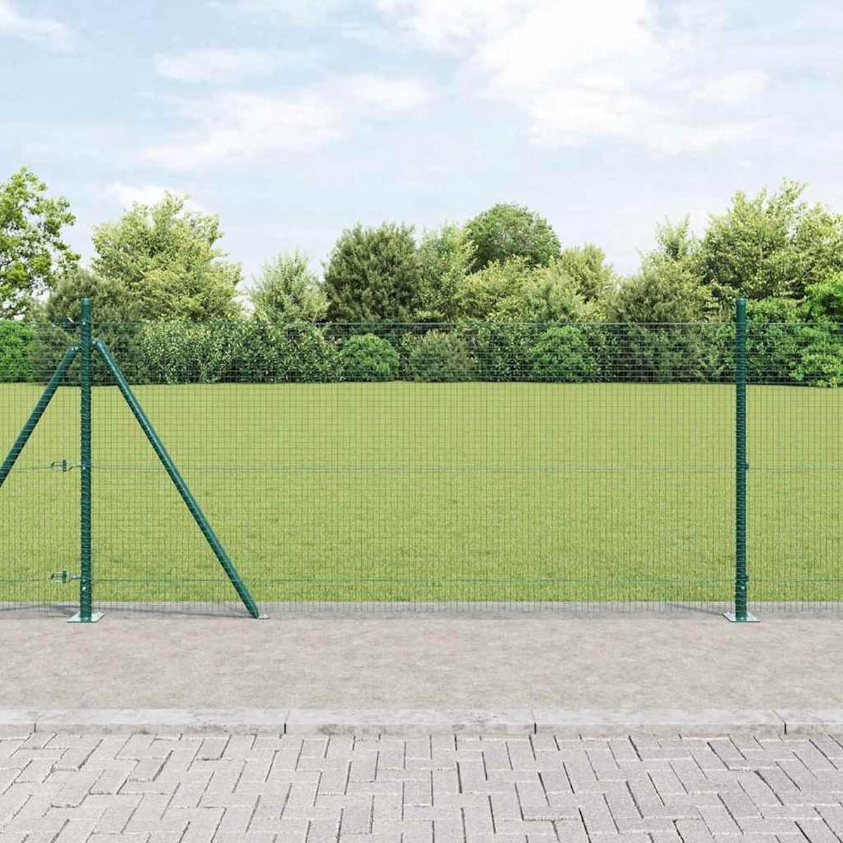 Gelaste draadomheining met 13 flenzen groen 0,8 x 50 m staal, hekstangen metalen palen voor draadhekken tuinhek binnenplaats kippenhok wilgenhek buiten