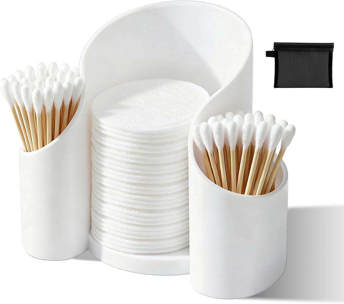 1 stuk wattenstaafjeshouder, ronde wattenschijfjes, opslag voor slaapkamer, make-uptafel, organizer, wattenstaafjesdispenser met 1 opbergtas