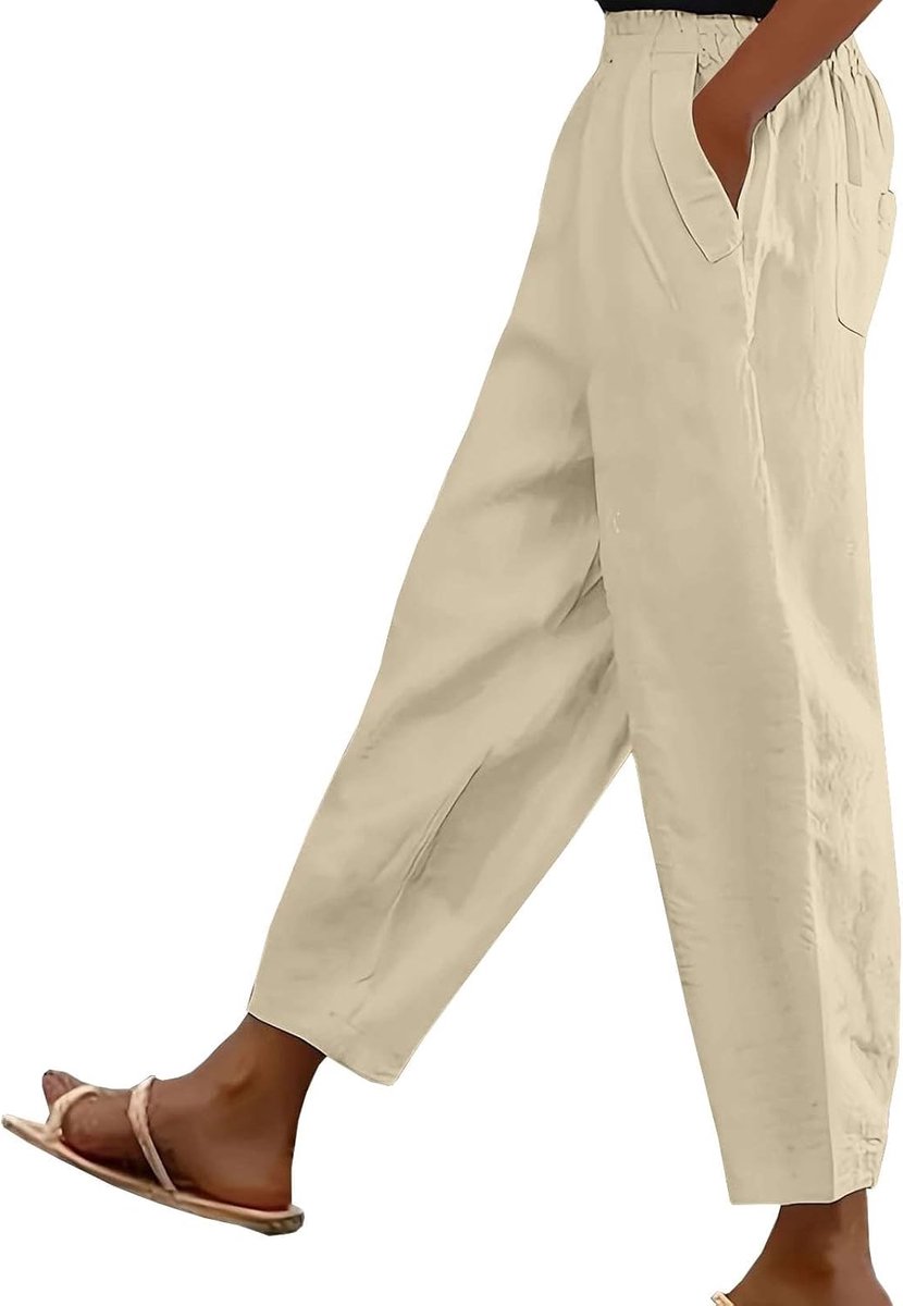 Katoenen linnen broek voor dames, UK casual cropped tonvormige palazzobroek elastische taille Laides broek zomer lounge broek wijde pijpen joggingbroek met zakken voor strandvakantie