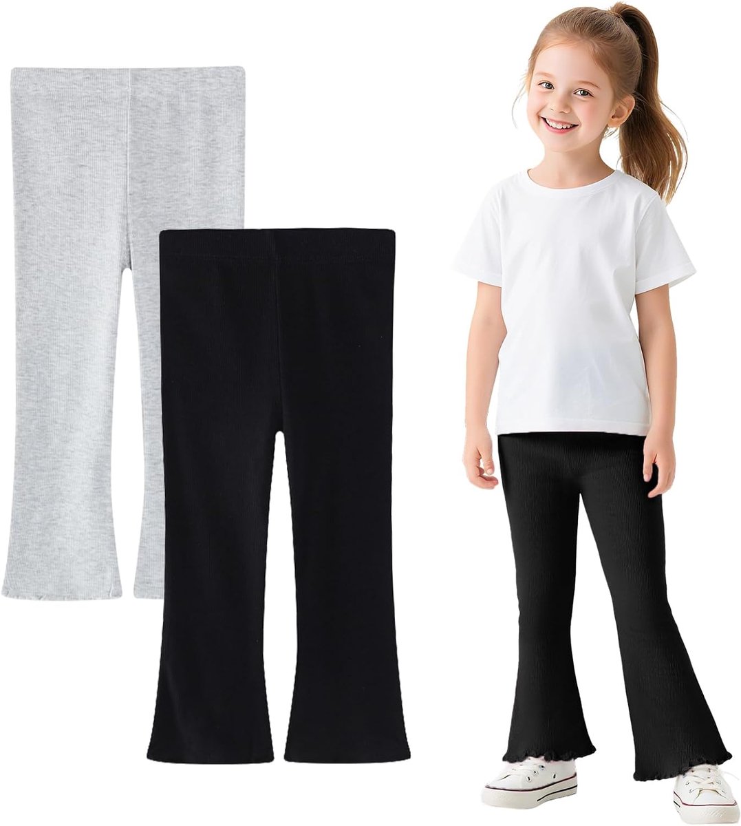 Meisjeslegging van katoen, stretch, ademend, flared broek, 2-pack, kinderen, zachte flared yogabroek, dansbroek, effen, bootcut broek, lange legging, maat 92-122, 2-7 jaar