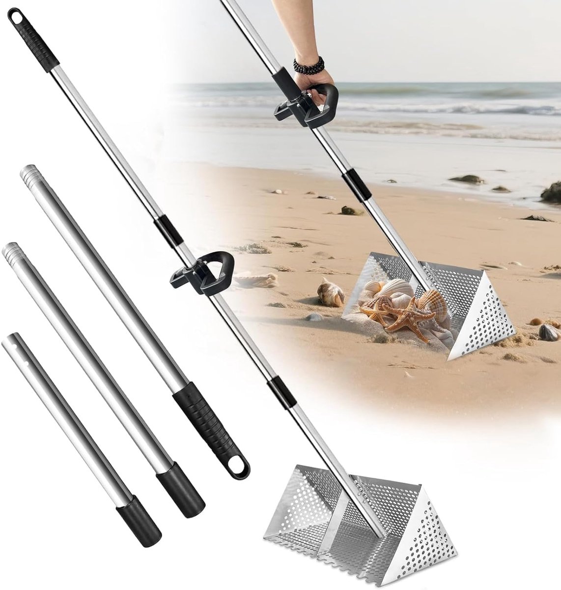 Zandhark van roestvrij staal, met afneembare handgreep, 140 cm lang, met antislip handgreep voor het strand