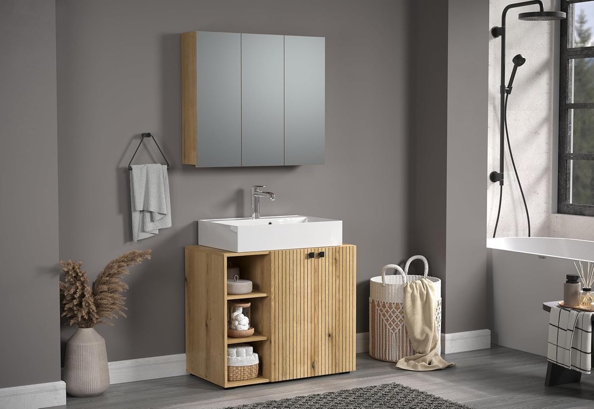 Trendteam smart living - PureBliss - Badmeubelset - Eiken met ribbellook - Badkamermeubel met edele metalen handgrepen - (BxHxD) 90 x 186 x 53 cm - Wastafelonderkast met 3 open vakken