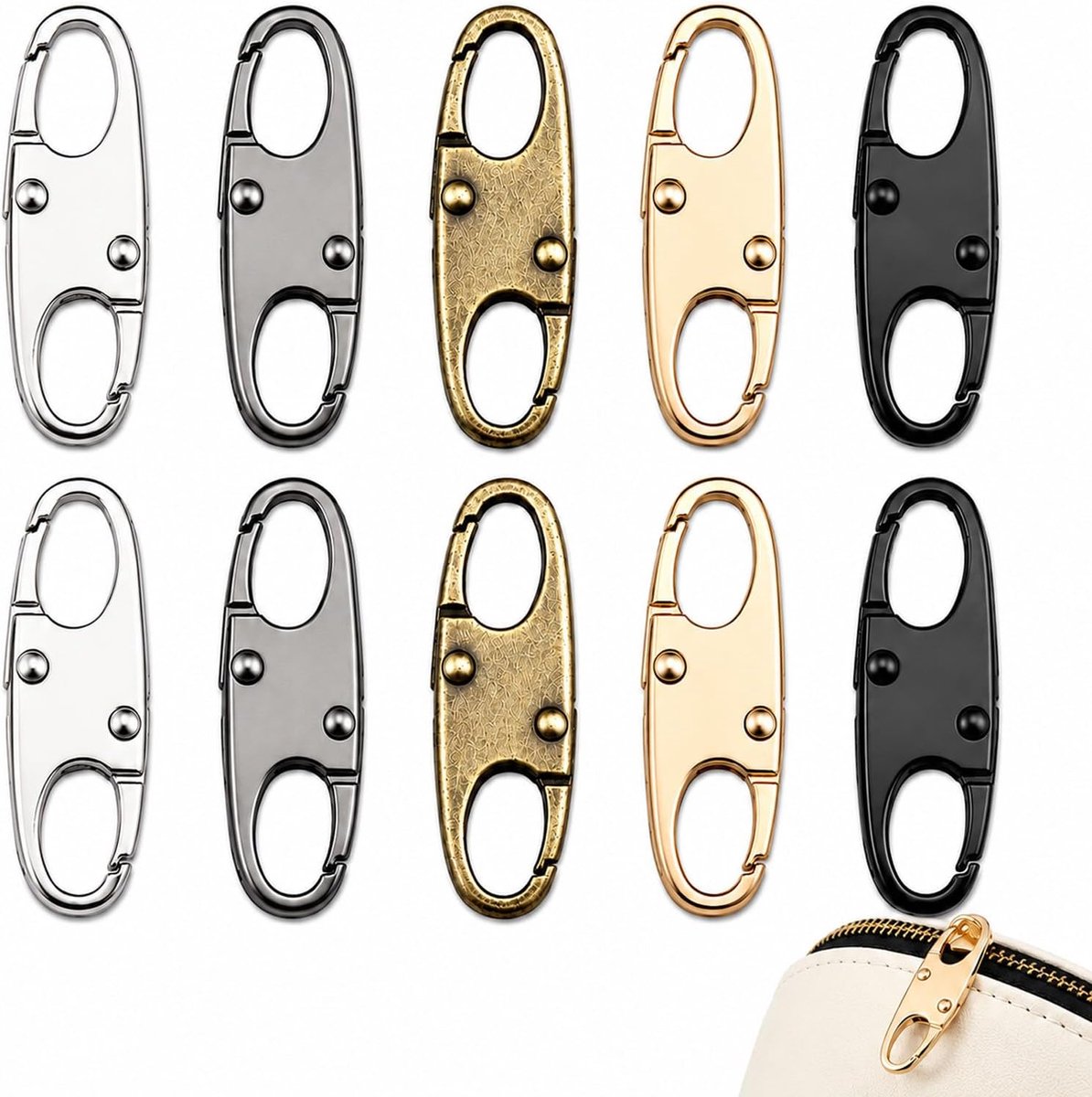 10 ritssluitingclips – 5 kleuren (zilver, donker, brons, goud, zwart), 2 van elk, S-vormige veer, praktisch voor tassen, rugzakken en koffers, versterkte veiligheid op reis