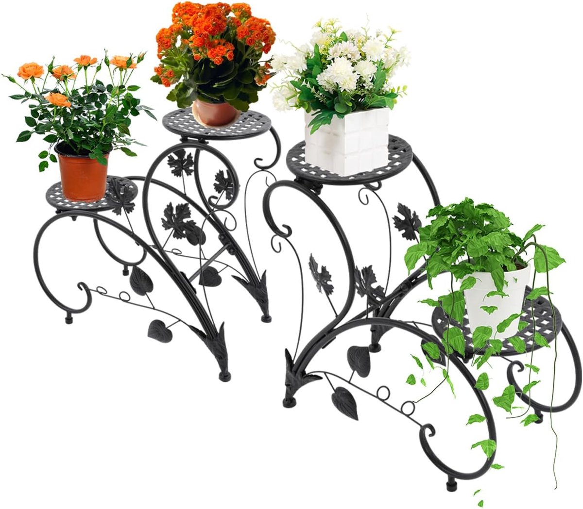 Bloemenstandaard, set van 2 bloementrap, bloemenrek, voor binnen en buiten, plantenstandaard, potplantenstandaard voor tuin, balkon, woonkamer (zwart)