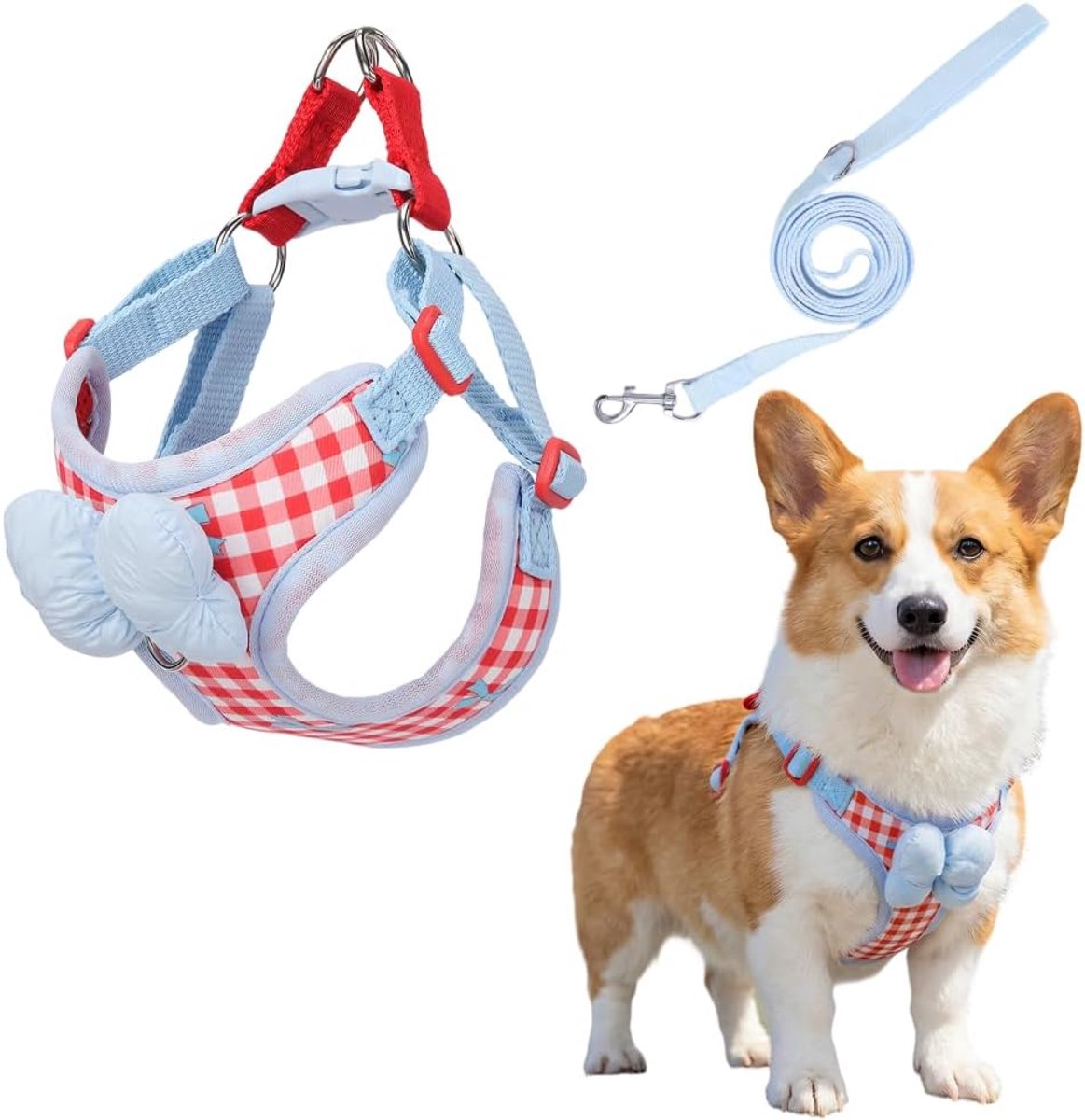 Hondentuig voor kleine honden met riemset, borstharnas voor puppy's, schattig ruitpatroon, ademend zacht mesh, verstelbaar veiligheidsharnas voor bichon, poedel, kat, wandelingen in de open lucht