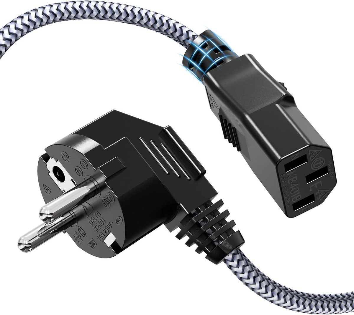 3-polig, 3 m nylon vlechtwerk, universele stroomkabel (CEE 7/7 naar IEC60320 C13) met VDE voor monitoren, pc, printer, PS3/PS4 PRO, scanner, tv, scherm, beamer etc