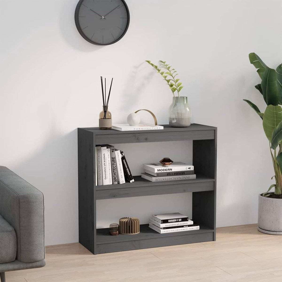 Boekenkast/scheidingswand, grijs, 80 x 30 x 71,5 cm, van massief grenenhout, boekenplanken met 2 etages, boekenkast voor woonkamer, slaapkamer, moderne boekenplanken voor boeken, boekenkast, multifunctioneel rek
