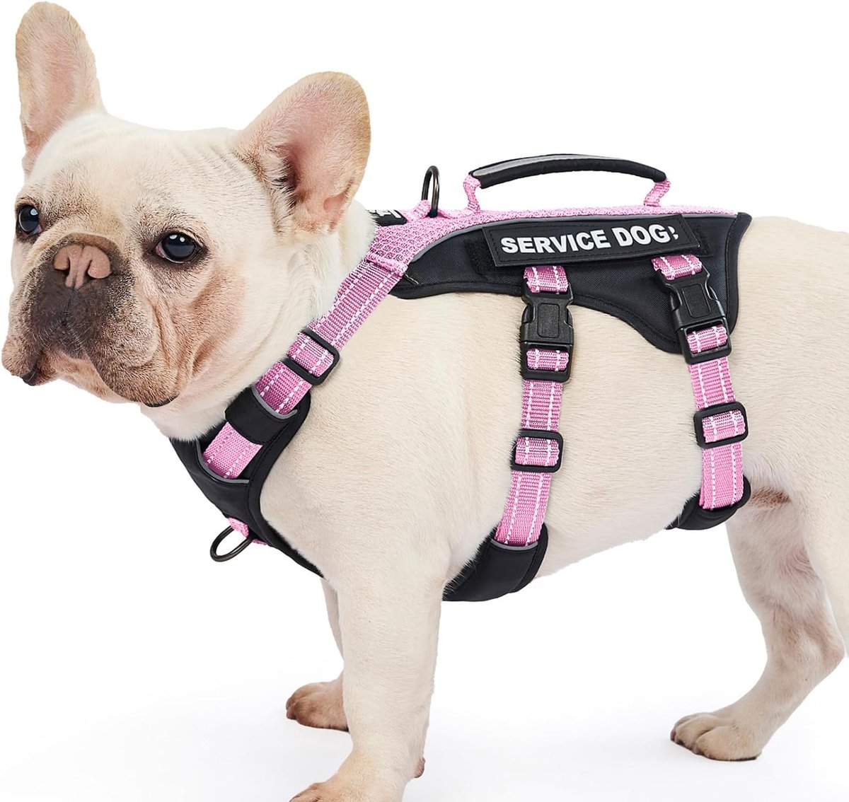 Hulphond harnasvest, ontsnappingsbestendig harnas met 6 patches, anti-trek, reflecterend harnas met handgreep, verstelbaar voor kleine tot grote honden, voor training (roze, M)