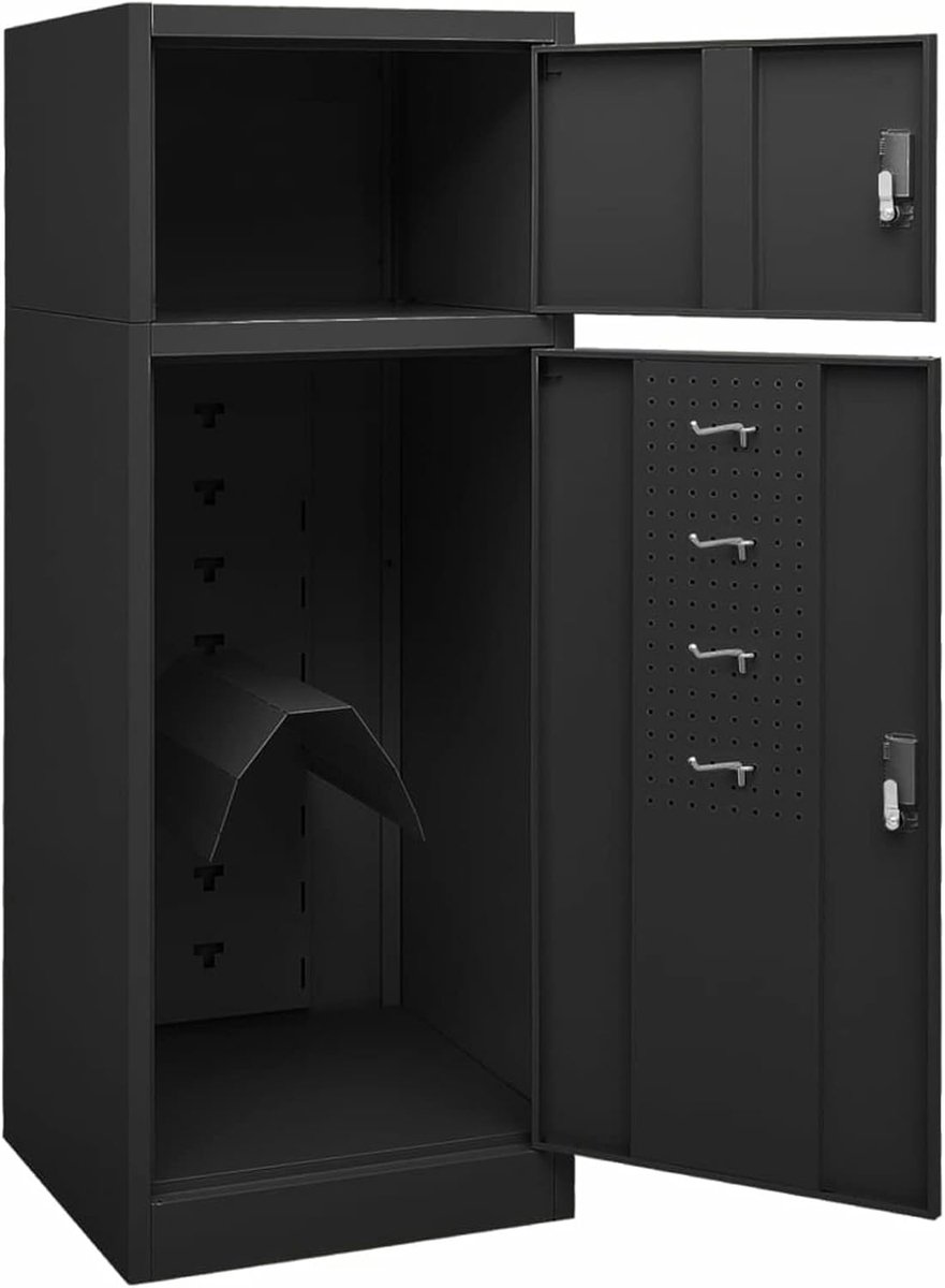 Zadelkast zadelpen stalen kast stalkast metalen kast kast archiefkast kluiskast met 2 deuren, met 1 zadelhouder, 2 planken en 4 haken, antraciet 53 x 53 x 140 cm staal