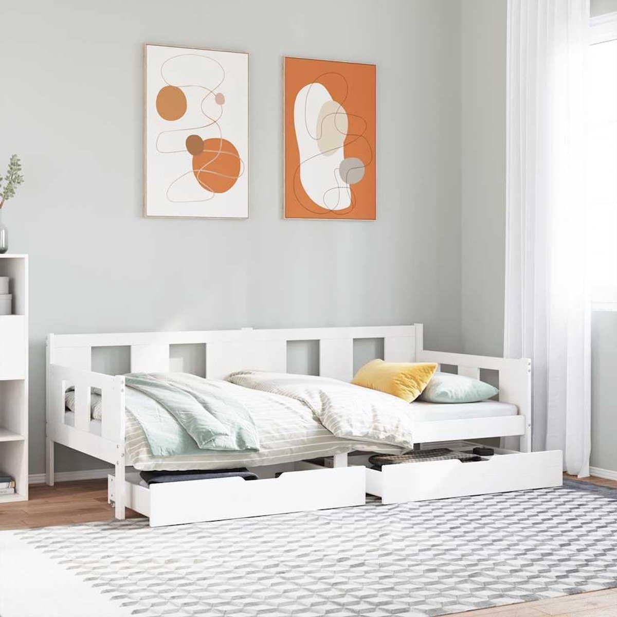 Massief grenenhout 2 in 1 slaapbank met lades 3 zijdig bedhek wit 90x190 cm