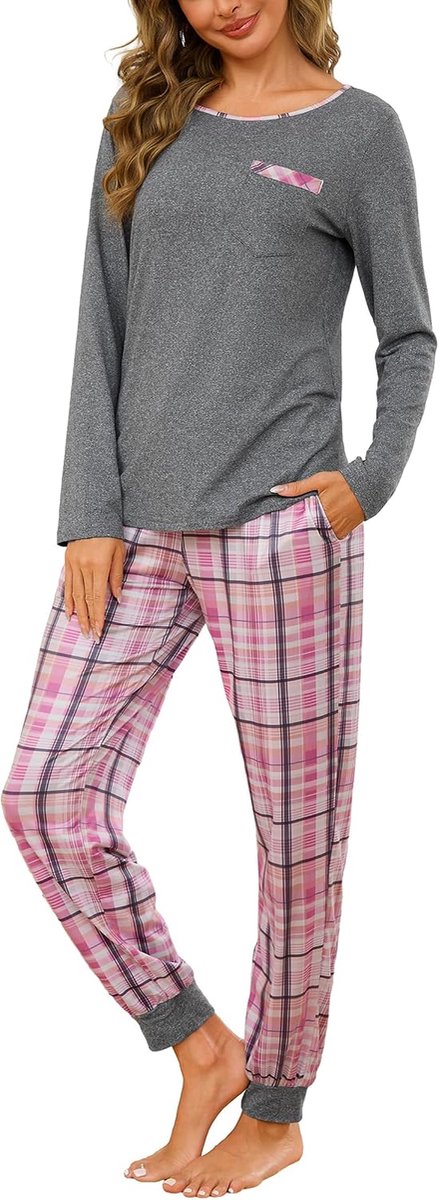 Damespyjama met lange mouwen, geruite pyjamaset, katoen