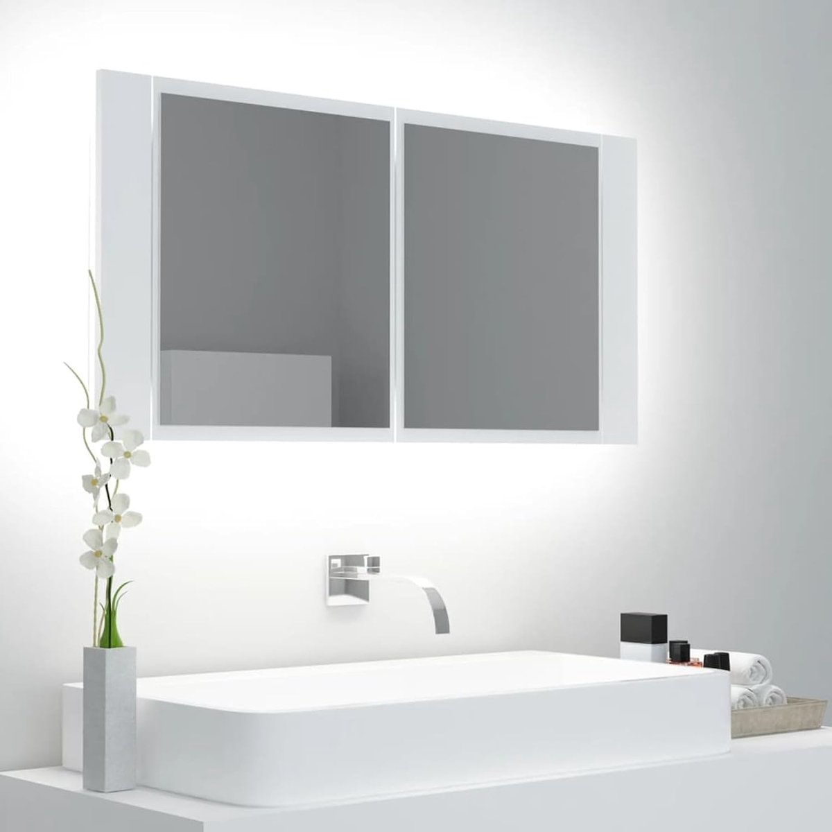 Spiegelkast met ledlampen, wit, 90 x 12 x 45 cm, van acryl, spiegelhouder, badkamerkast, badkamerspiegel, badkamerkast met spiegel