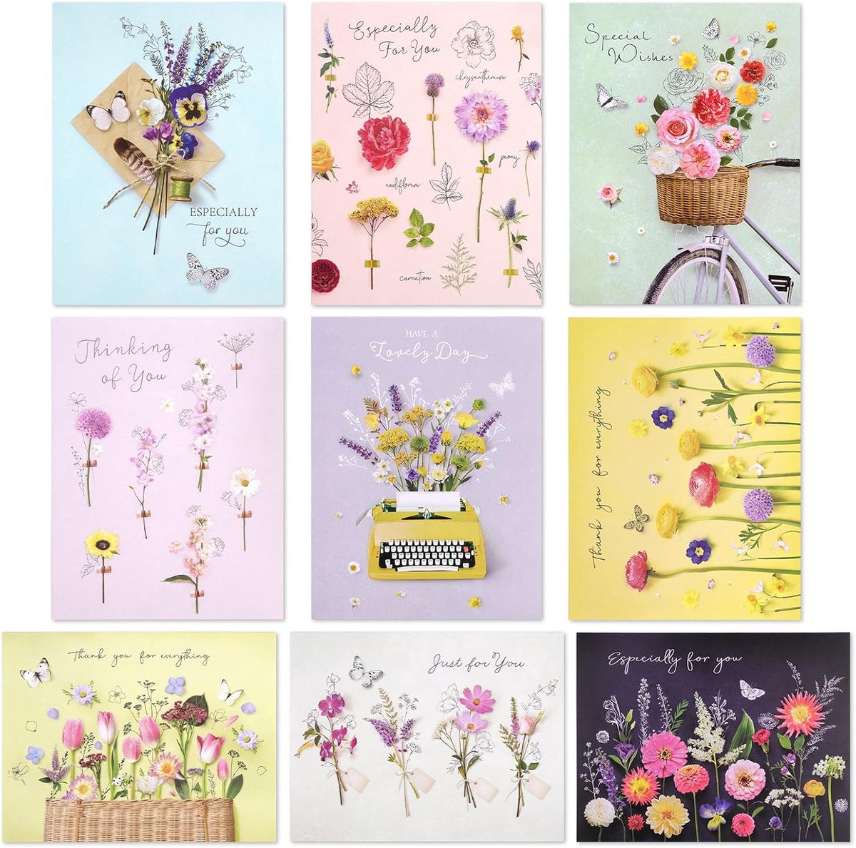 Bedankkaarten in het assortiment, 9 stuks, 9 bloemenpatronen, uniek vormgegeven bedankkaarten met 9 enveloppen, 18 x 13 cm, kaart voor vrienden, familie, vrienden, geschenken, jubileum, afscheid