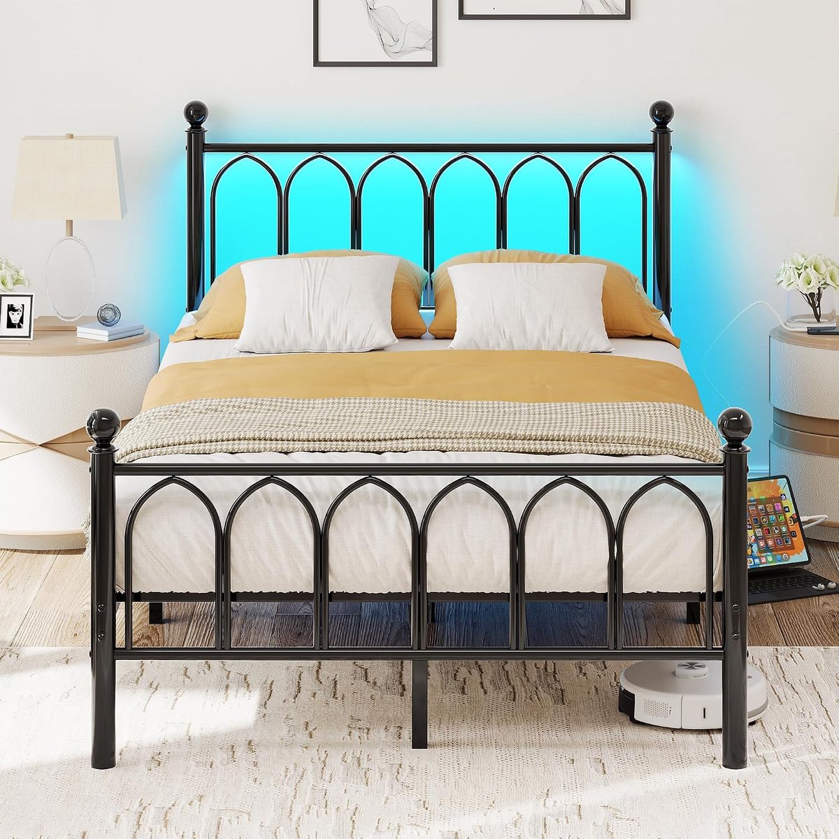 140 x 190 cm met lattenbodem van metaal, bedframe 140 x 190 cm met ledverlichting en laadstation, eenvoudige montage, tweepersoonsbed, modern design, met opbergruimte onder het bed, zwart