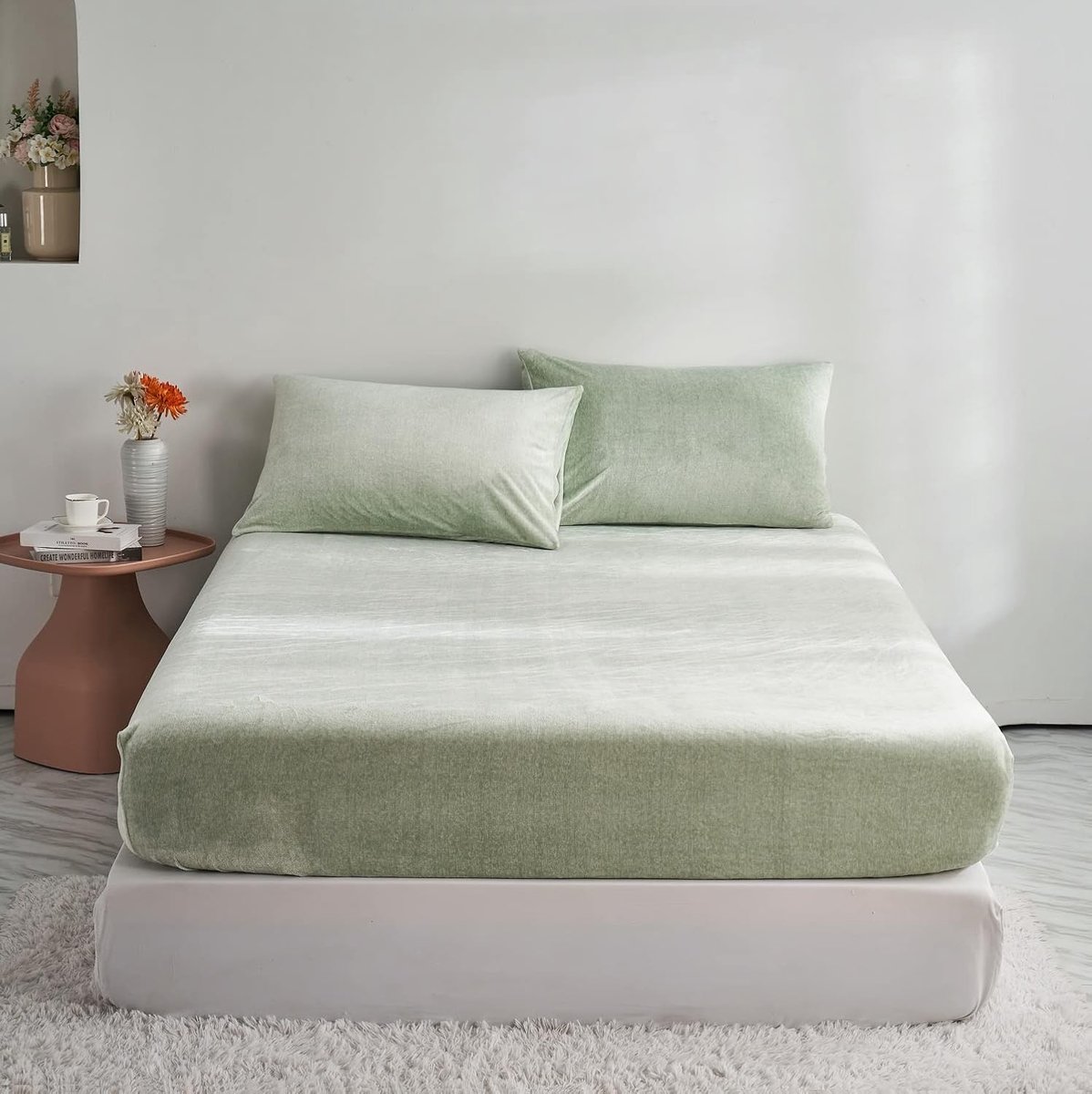 Hoeslaken, 180 x 200 cm, groen, warm, behaaglijk, fleece, winter, superzacht, melkfleece, fluweel, pluizig, voor matrassen van 30 cm
