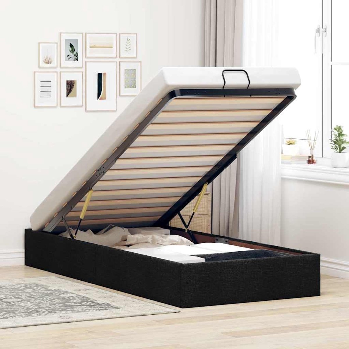 Stoffen opbergbedframe voetenbankje zwart 100x200 cm