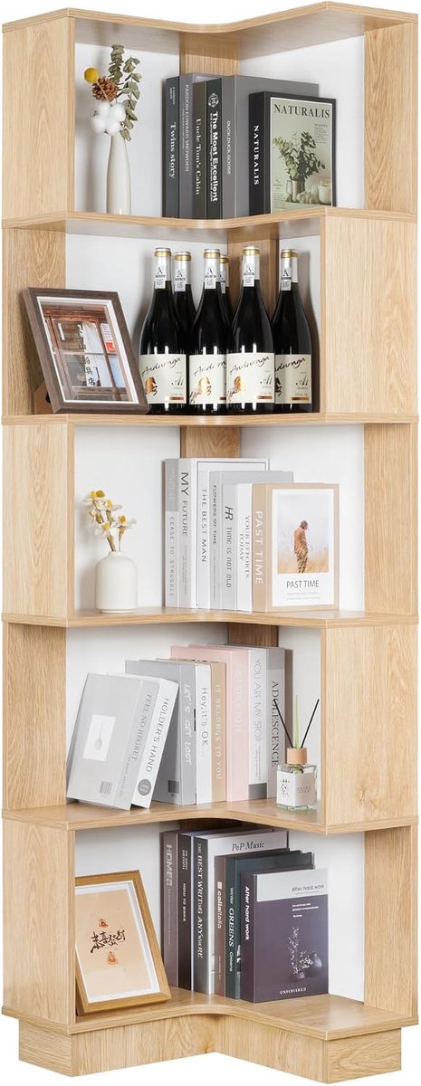 Hoekboekenrek van hout, 6 etages, 175 cm, groot, modern hoekrek, staand rek voor woonkamer, S-vormig boekenrek voor werkkamer, slaapkamer, kantoor (originele houtkleur)