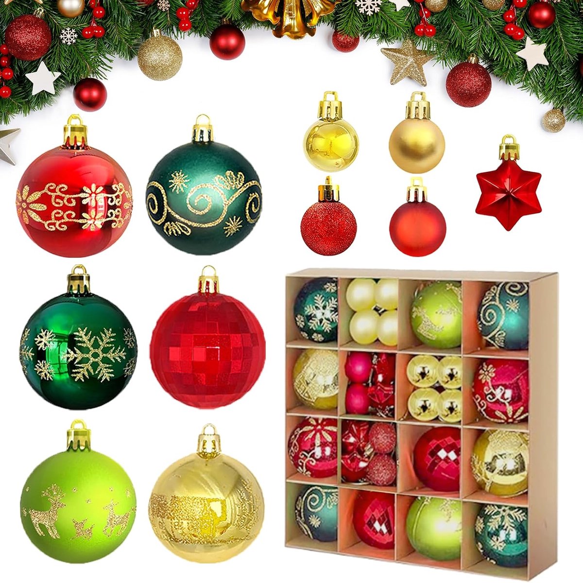 Kerstballen, 44 stuks, gepersonaliseerde kerstballen, kerstdecoratie, gepersonaliseerde kerstballen, kerstboomballen, voor binnen- en buitendecoratie