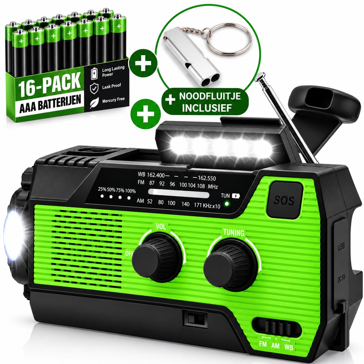 Yarvu ® Noodradio Solar Opwindbaar / Penlite Batterijen & Accu - Inclusief Noodfluitje - Noodpakket - Draagbare Survival Radio - 4000 mAh - Powerbank Zonneenergie - Bouwradio - met Zaklamp – Groen