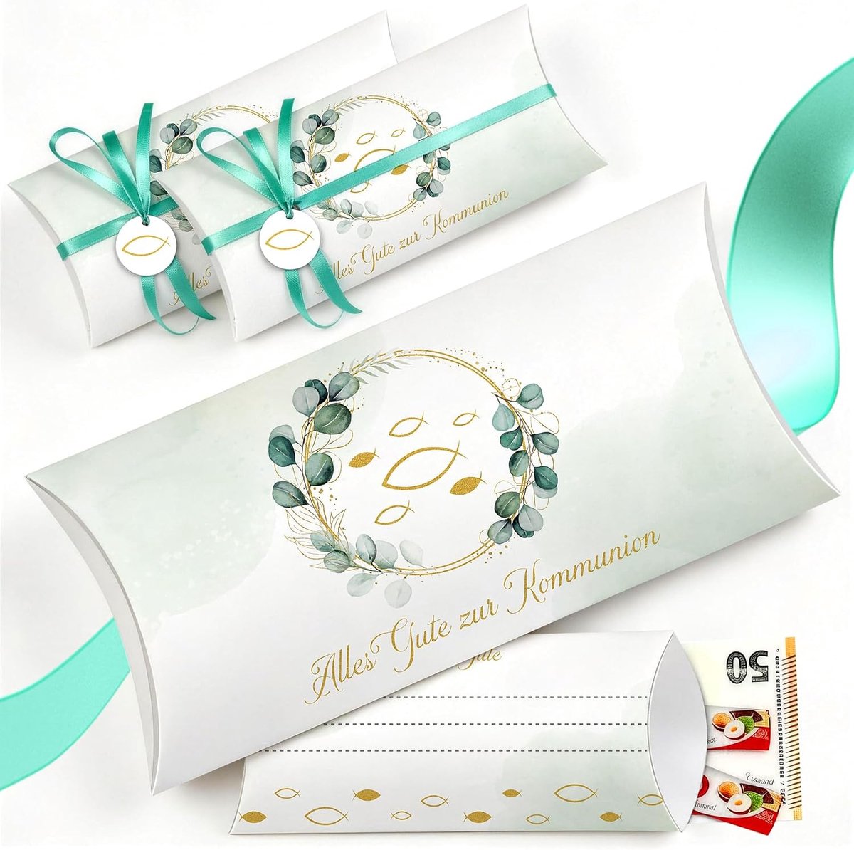 Communie geldgeschenkdoos, 8-delige set, communie, geschenkverpakking voor geld en voucher, met vissymbool (Ichthys), lint en hanger