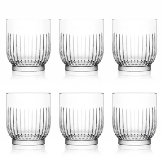 Ensemble de six verres à eau transparents avec nervures verticales.