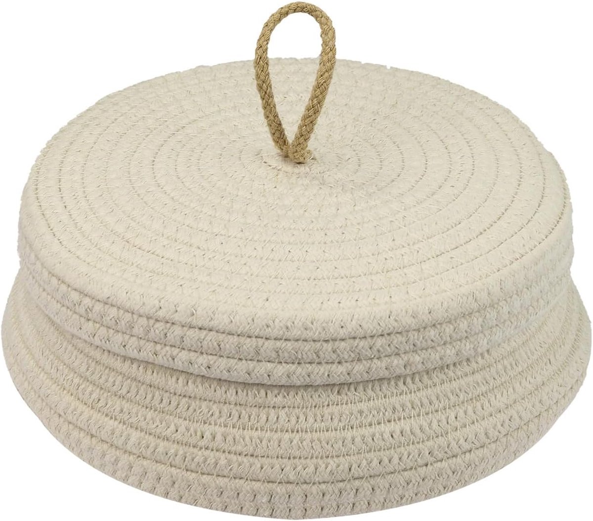 Ronde badkamer opbergmand met deksel katoen plat 25,5 x 11,5 cm crème
