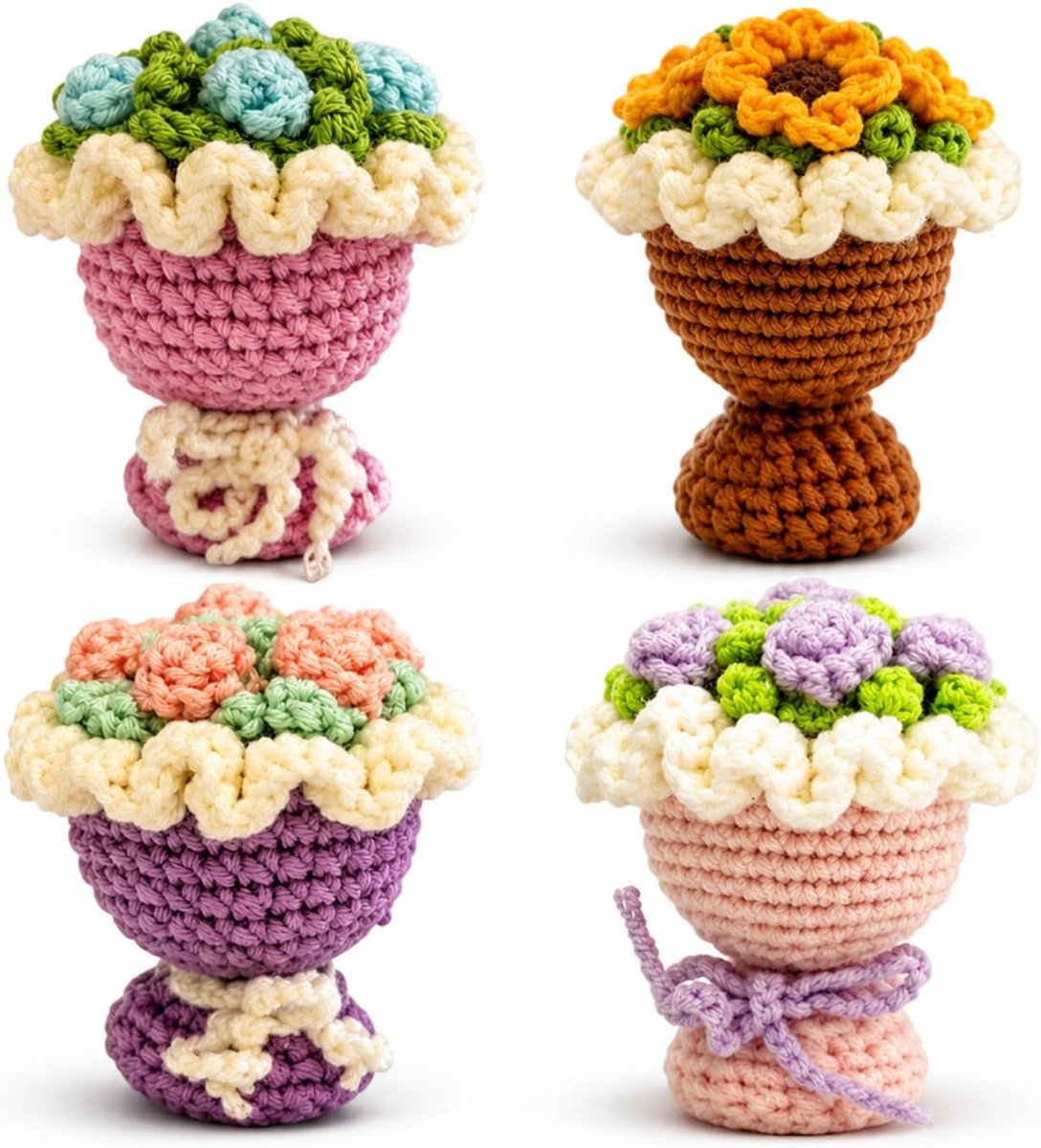 Gehaakte Bloemen Mini Boeket, Klein Gebreid Bloemen Arrangement Zakkruik, Schattige Kunstbloem voor Lerarerappreciatie, Afstuderen, Bureaudecor