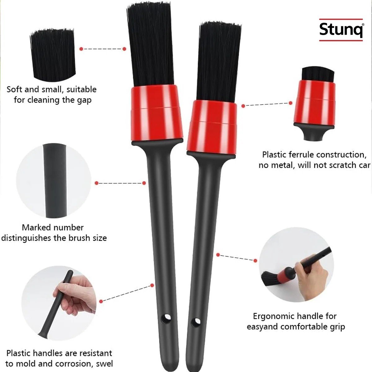 Stunq® 5-delige Auto Detail Reinigingsborstelset – Rood/Zwart, 5 Maten voor Interieur en Exterieur