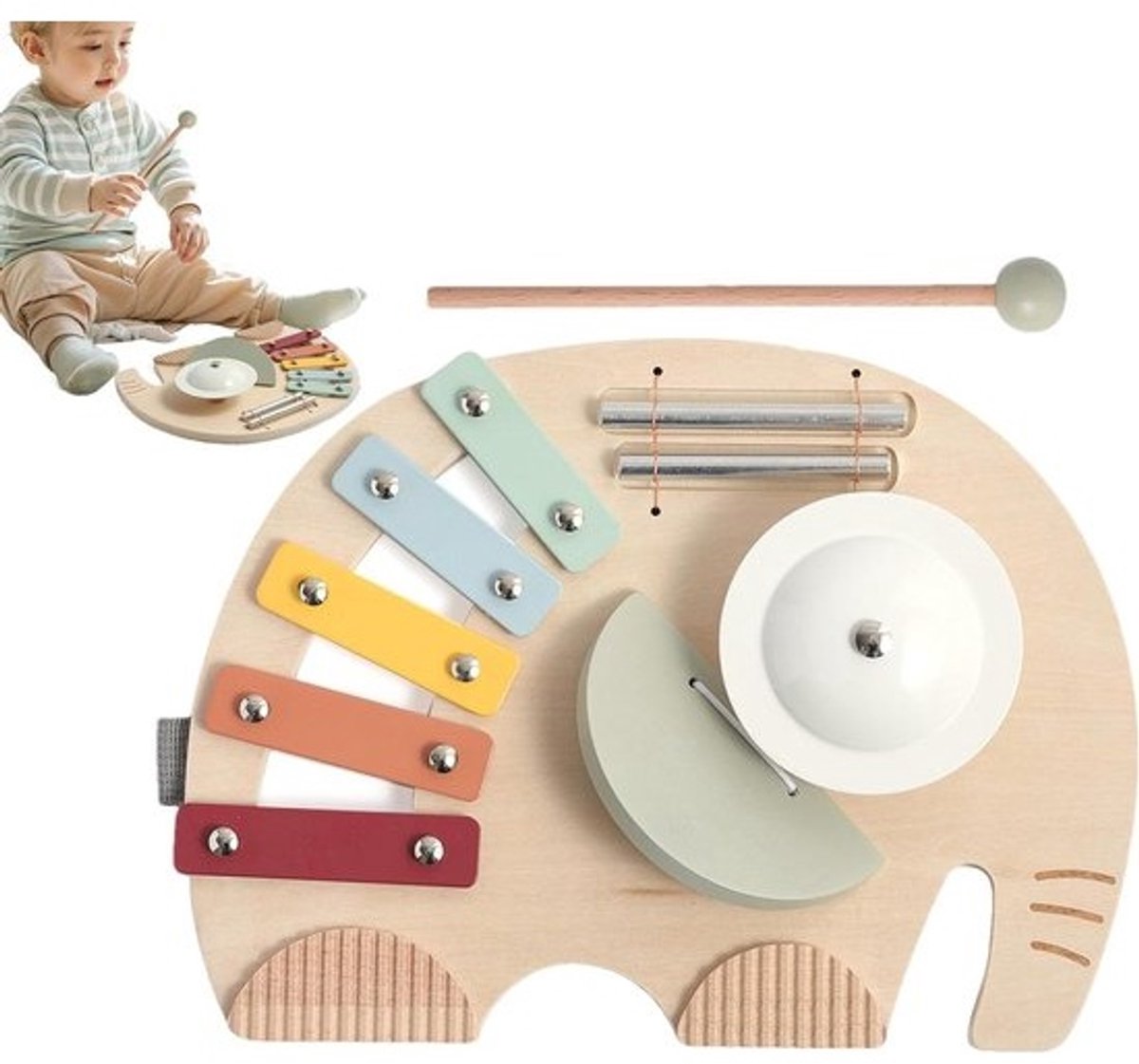 Muzikaal Speelgoed Olifant - Kinderinstrumenten Percussie - Vroege Educatie - Interactieve Geluiden Lichten - 30 x 22 x 6 cm