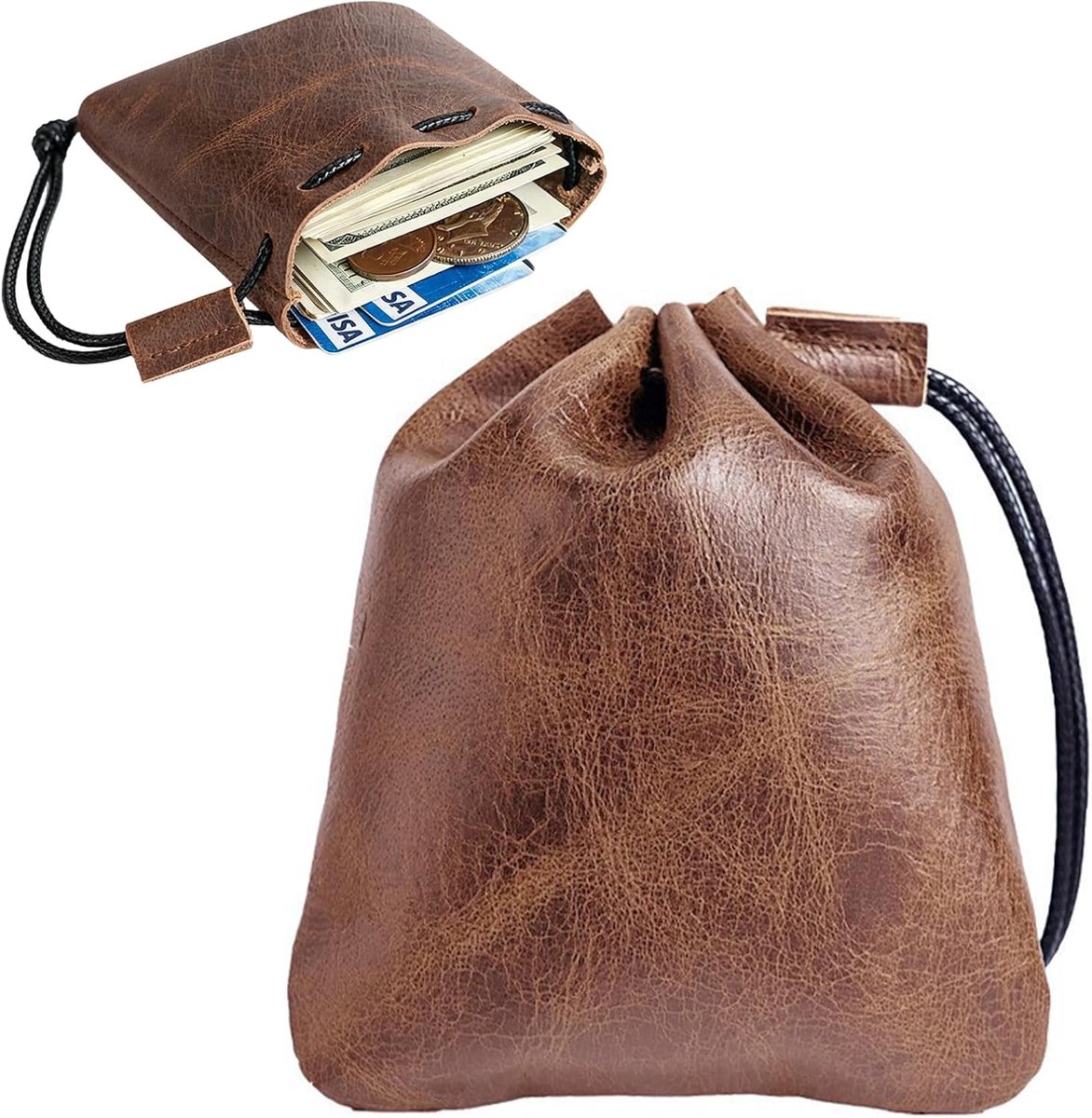 Sieradenzakje, accessoires praktische opslag lederen tas met trekkoord voor sieraden hoofdtelefoon geschenkzakje kleine munten, lichtbruin, 1 stuks