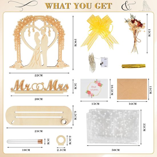 Geschenkdoos voor bruiloft van hout, geldgeschenk voor bruiloften, romantische decoratie voor koppels, met led-lichtketting, gedroogde bloemen, bankbiljettenhouder, origineel cadeau voor bruiloft — afbeelding 2
