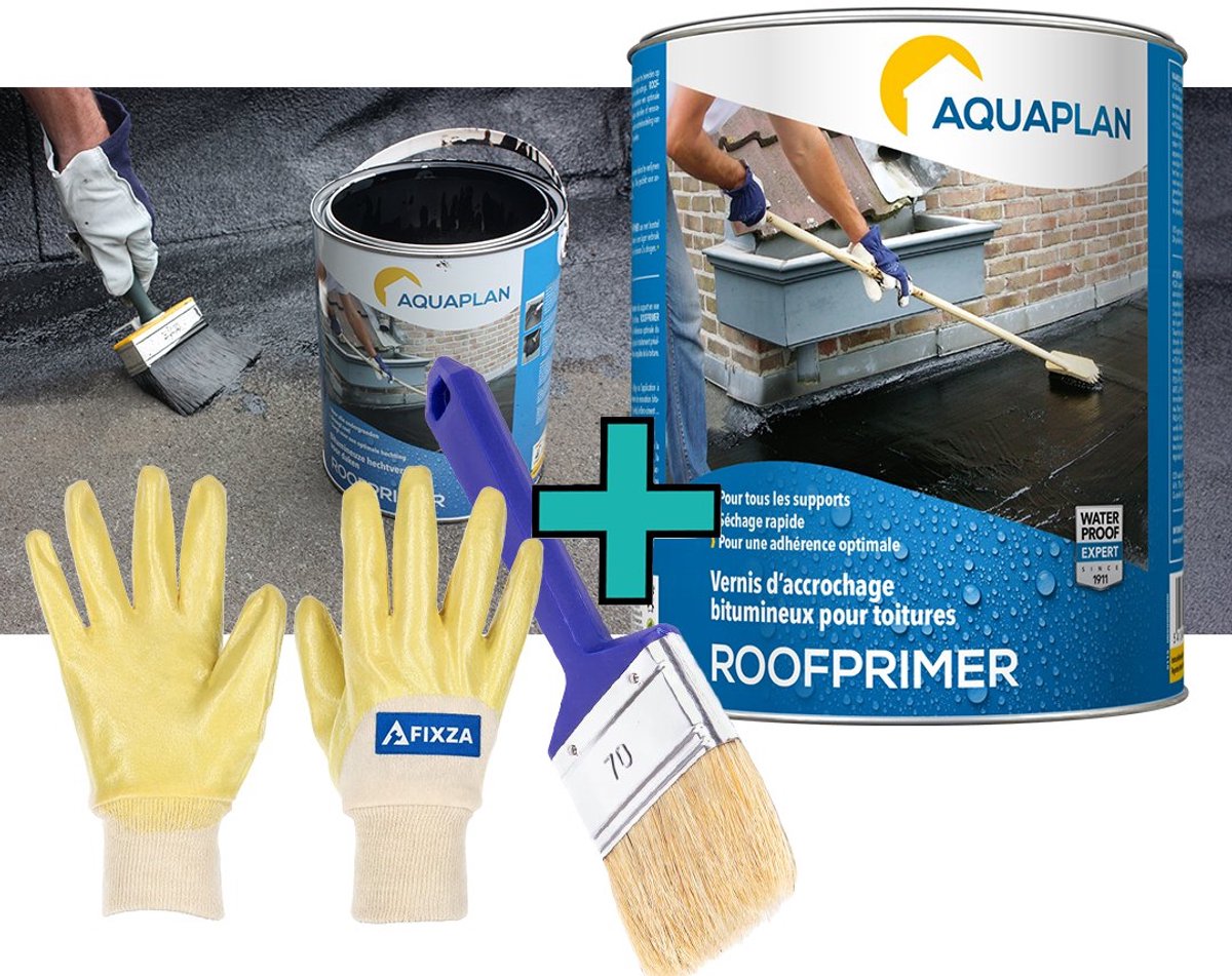 Aquaplan Roofprimer - set - dakprimer voor bitumen en dakleer – sneldrogende primer voor optimale hechting - 1 l