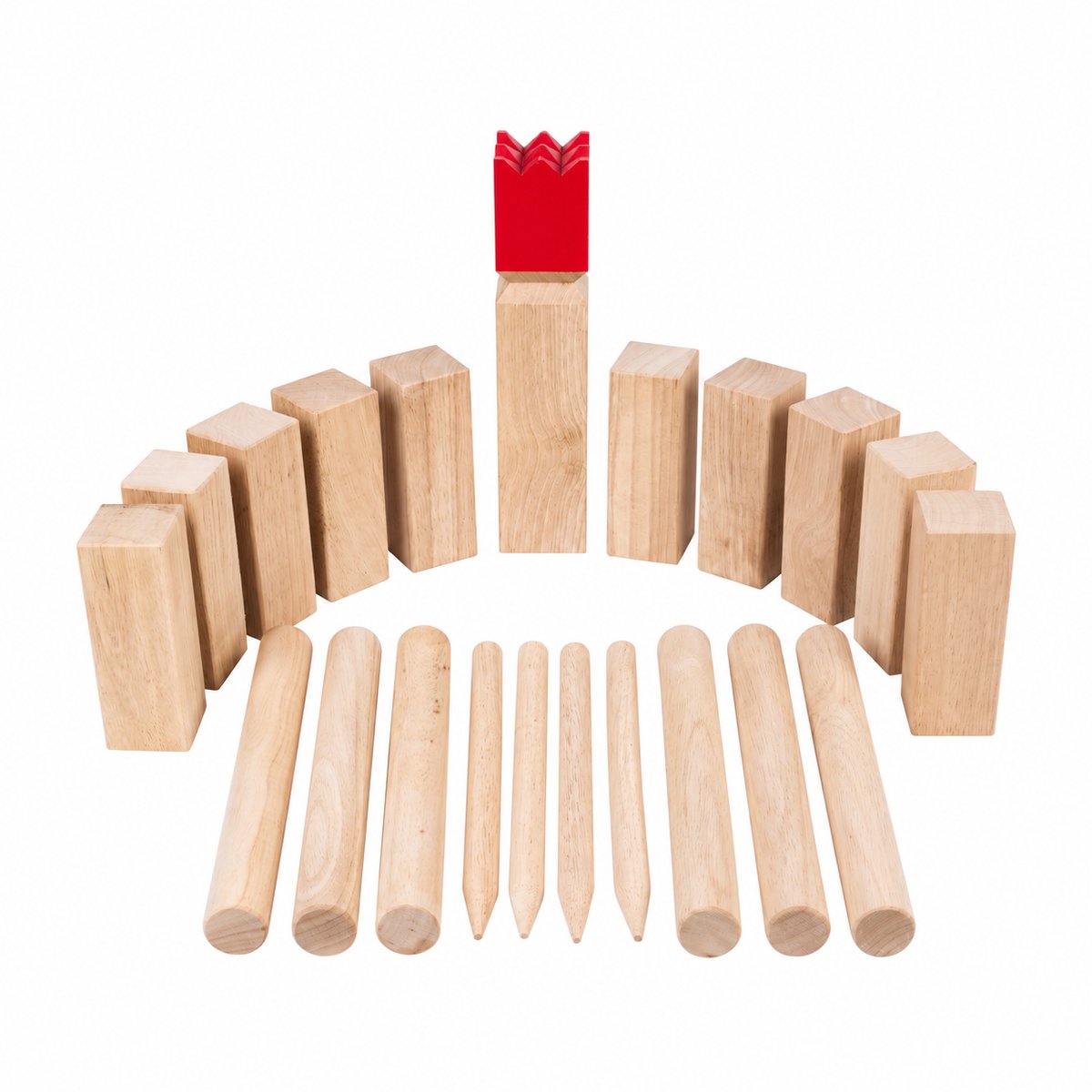 Kubb spel van rubberhout–Rode koning- compleet buitenspel voor jong en oud- Engelhart