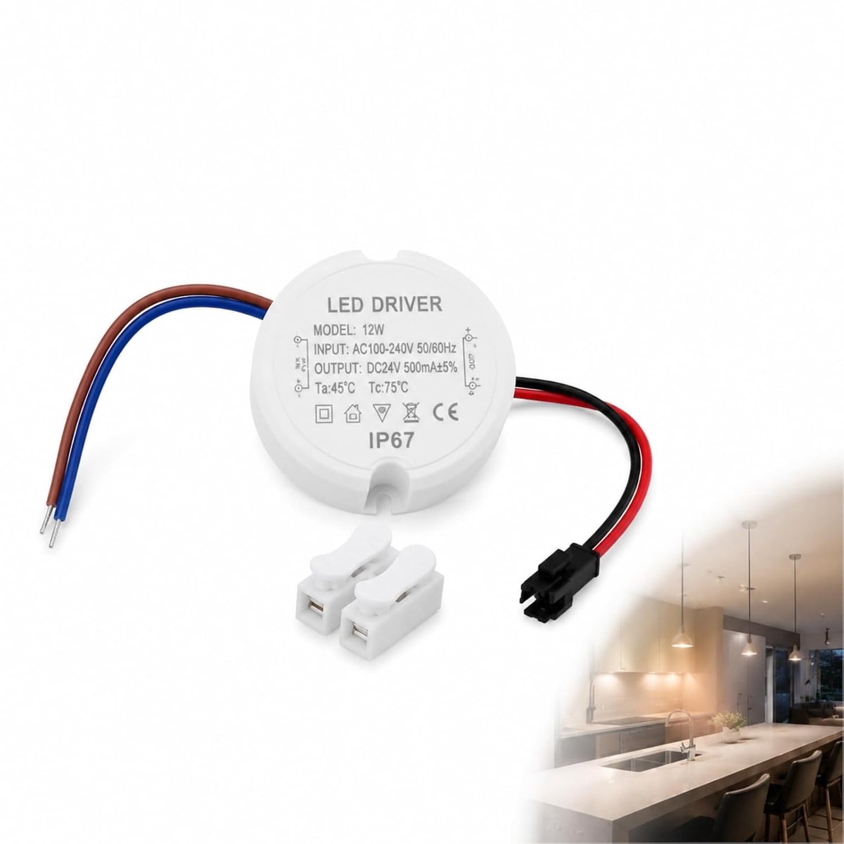 24 V, 30 W, 1,25 A, ronde weergave Ø 55 mm, voeding voor ledverlichting binnen en buiten, spots, eenvoudige installatie met aansluitingen, lange levensduur (24 V, 12 W)