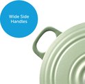 Groene braadpan met brede, ronde handvatten aan de zijkant.