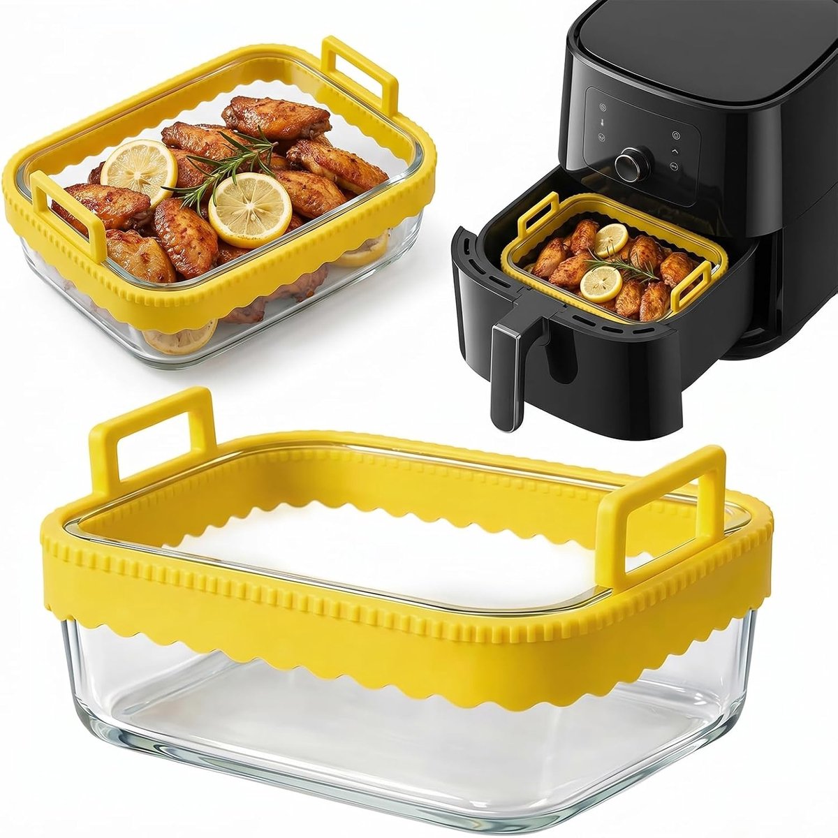 ovenschaal, airfryer voor Ninja heteluchtfriteuse, 2 kamers, ovenschaal, glas, airfryer-accessoires, BPA-vrij, uitneembare siliconen ring, vaatwasmachinebestendig (geel)