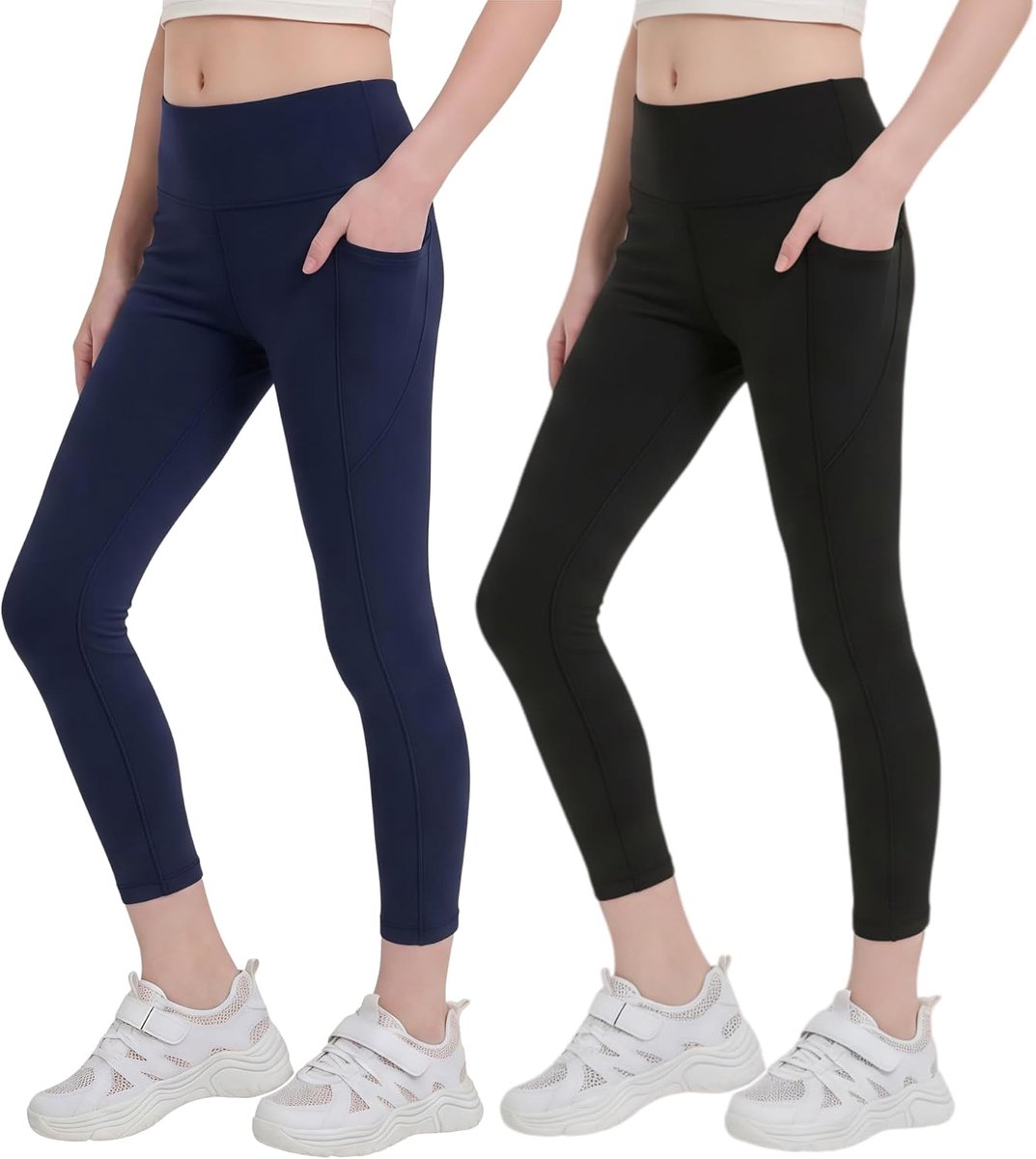 Leggings voor meisjes, zwart, 9/10 met zakken, sportlegging voor kinderen, lange sportbroek voor dagelijks gebruik en schoolsport, verpakking van 1, 2 of 3 stuks