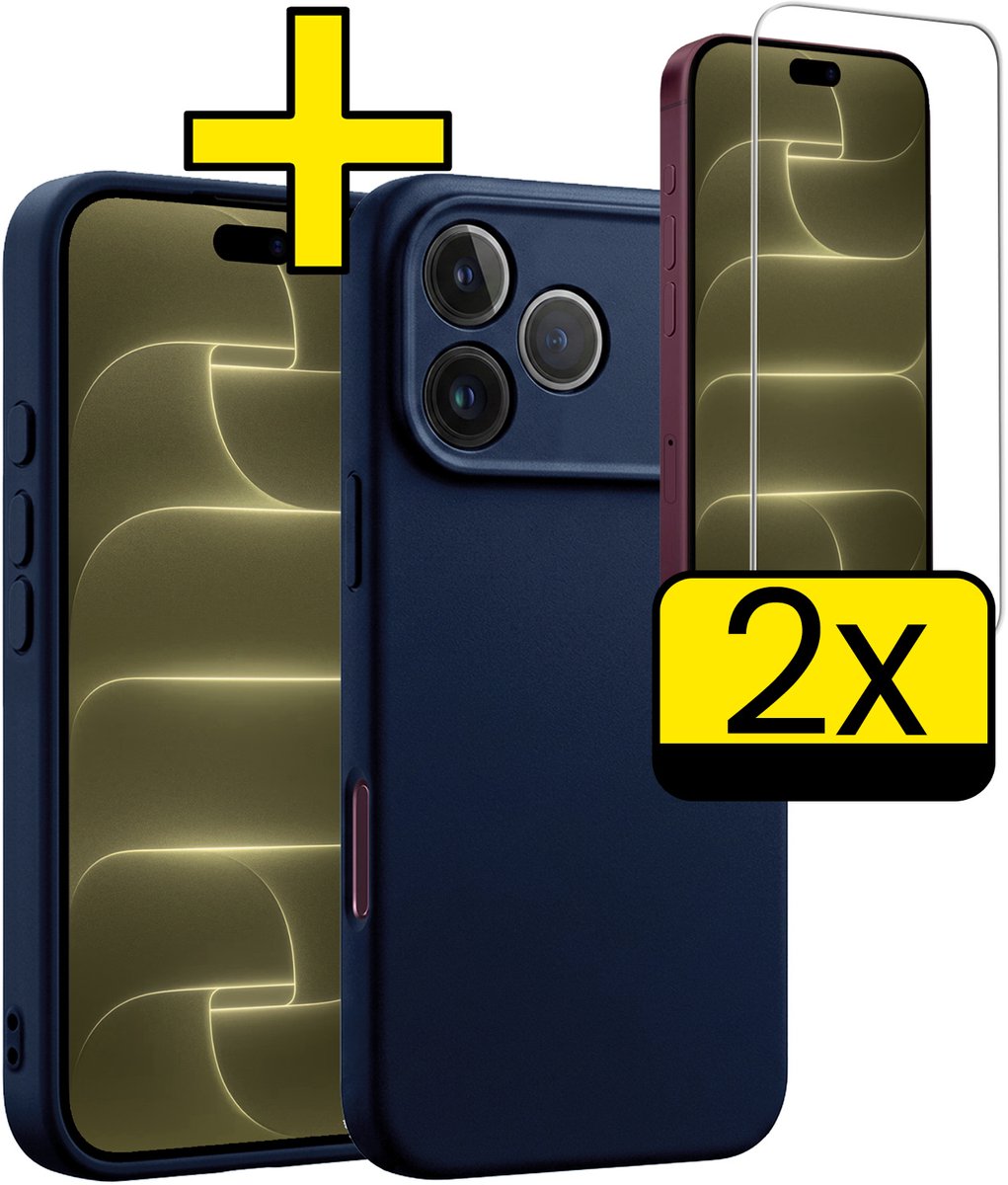 Hoesje - Met 2x Screenprotector - Geschikt voor Apple iPhone 18 Pro - Sterk & Shockproof - Back Cover - Siliconen Case - Telefoon Hoes - Telefoonhoesjes - Donkerblauw