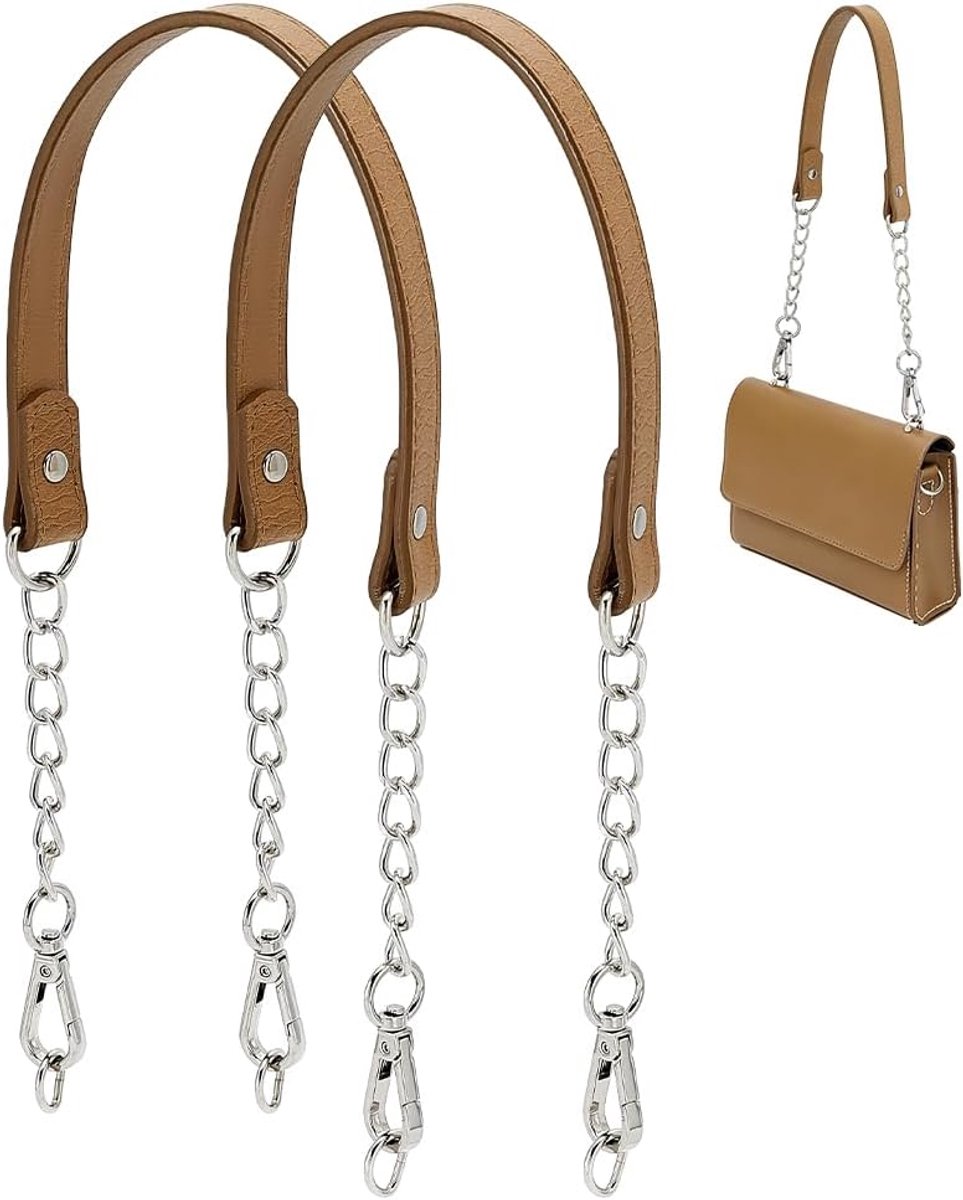 PandaHall 2 handgrepen voor tassen met ketting, 58,5 cm, handgrepen voor tassen van bruin leer, reserveketting voor schoudertas, handtas, clutch, doe-het-zelf